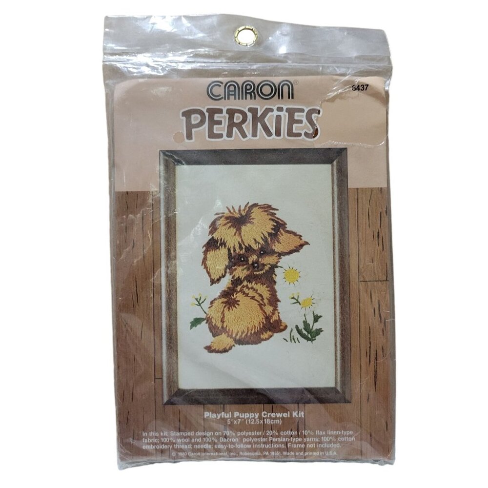 Caron Perkies Playful Puppy Crewel Kit 5"x7" 1980's Vintage Needlepoint DIY Craf